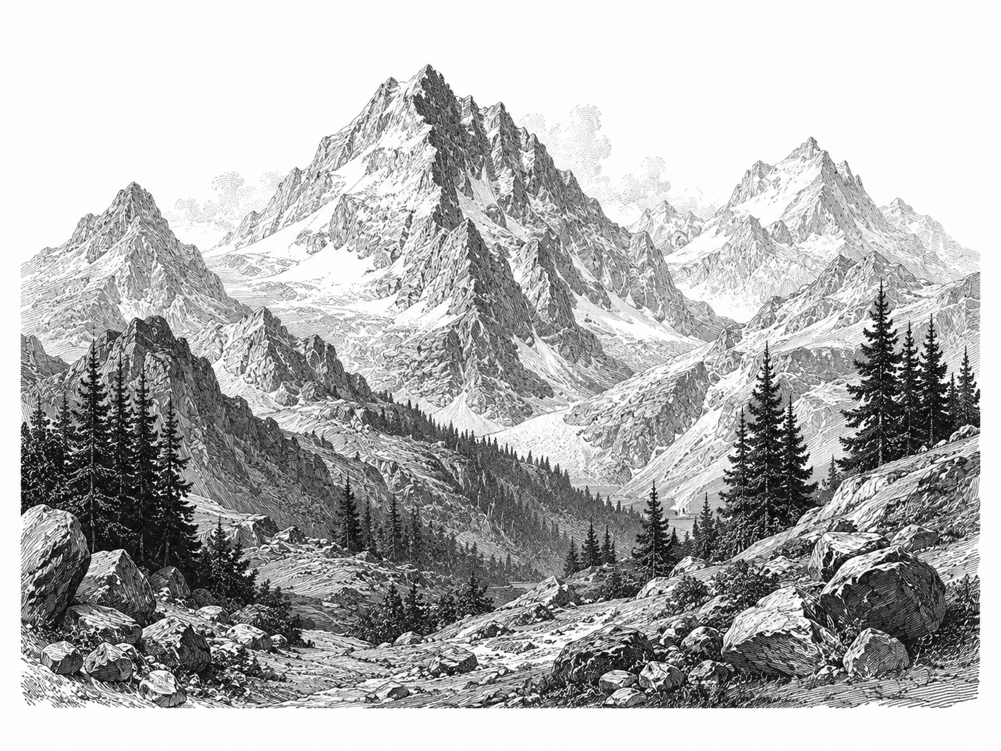 Engraved mountain landscape